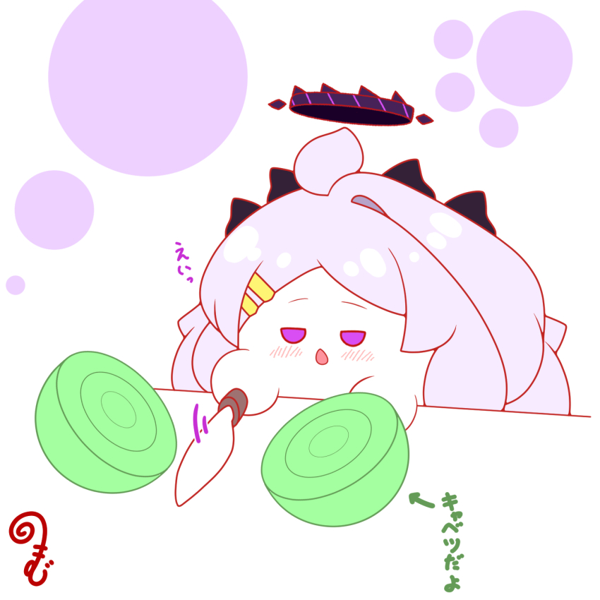 ahoge arrow_(symbol) blue_archive blush chestnut_mouth chibi grey_hair hair_ornament hairclip halo highres hina_(blue_archive) holding holding_knife horns knife kurukurumagical long_hair meme motion_lines parted_bangs parted_lips purple_eyes quality_cabbage_(meme) single_hair_intake solo speed_lines translation_request upper_body white_background