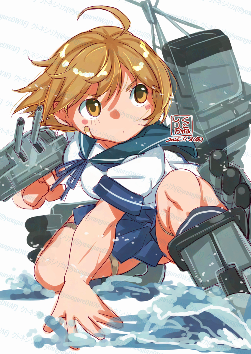 1girl adapted_turret ahoge artist_logo bandaid bandaid_on_face blue_neckerchief blue_sailor_collar blue_skirt boots breasts brown_eyes brown_hair dated highres kantai_collection kutone_shirika logo looking_to_the_side machinery medium_breasts neckerchief oboro_(kancolle) pleated_skirt sailor_collar sailor_shirt school_uniform serafuku shirt simple_background skirt smokestack solo splashing white_background white_shirt