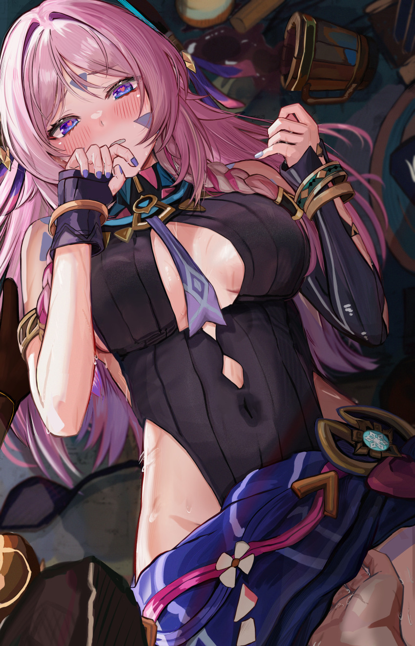 1boy 1girl absurdres aether_(genshin_impact) asymmetrical_gloves bare_shoulders beer_mug black_gloves black_leotard blue_eyes blush body_markings braid breasts breasts_apart center_opening citlali_(genshin_impact) commentary_request covered_navel cup efuri_(riarea00) facial_mark forehead_mark genshin_impact gloves hands_up highres implied_fingering large_breasts leotard long_hair looking_at_viewer low_twin_braids mug nail_polish paid_reward_available parted_lips partial_commentary pink_hair pink_pupils pov purple_nails purple_sarong sarong spill triangle triangle_facial_mark twin_braids uneven_gloves