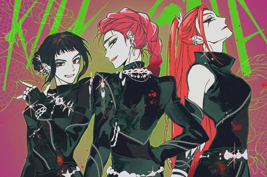 3girls black_gloves black_hair black_jacket blunt_bangs braid braided_ponytail closed_mouth commentary_request cropped_jacket earrings fingerless_gloves gloves gugusam0 hand_on_own_hip highres jacket jewelry korean_commentary kpop_demon_hunters lone_nape_hair looking_back mira_(kpop_demon_hunters) multiple_girls profile red_hair rumi_(kpop_demon_hunters) sidelocks smile upper_body zoey_(kpop_demon_hunters)