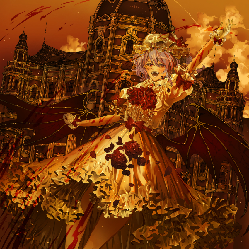 1girl absurdres arm_up ascot bat_wings blood blue_hair blush brooch collared_shirt fangs flower frilled_shirt_collar frilled_skirt frills hair_between_eyes hat hat_ribbon highres jewelry mansion maruyamaboukyo mob_cap open_mouth outdoors pink_hat pink_shirt pink_skirt puffy_short_sleeves puffy_sleeves red_ascot red_eyes red_sky remilia_scarlet ribbon rose scarlet_devil_mansion shirt short_hair short_sleeves skirt skirt_set sky solo touhou wings wrist_cuffs