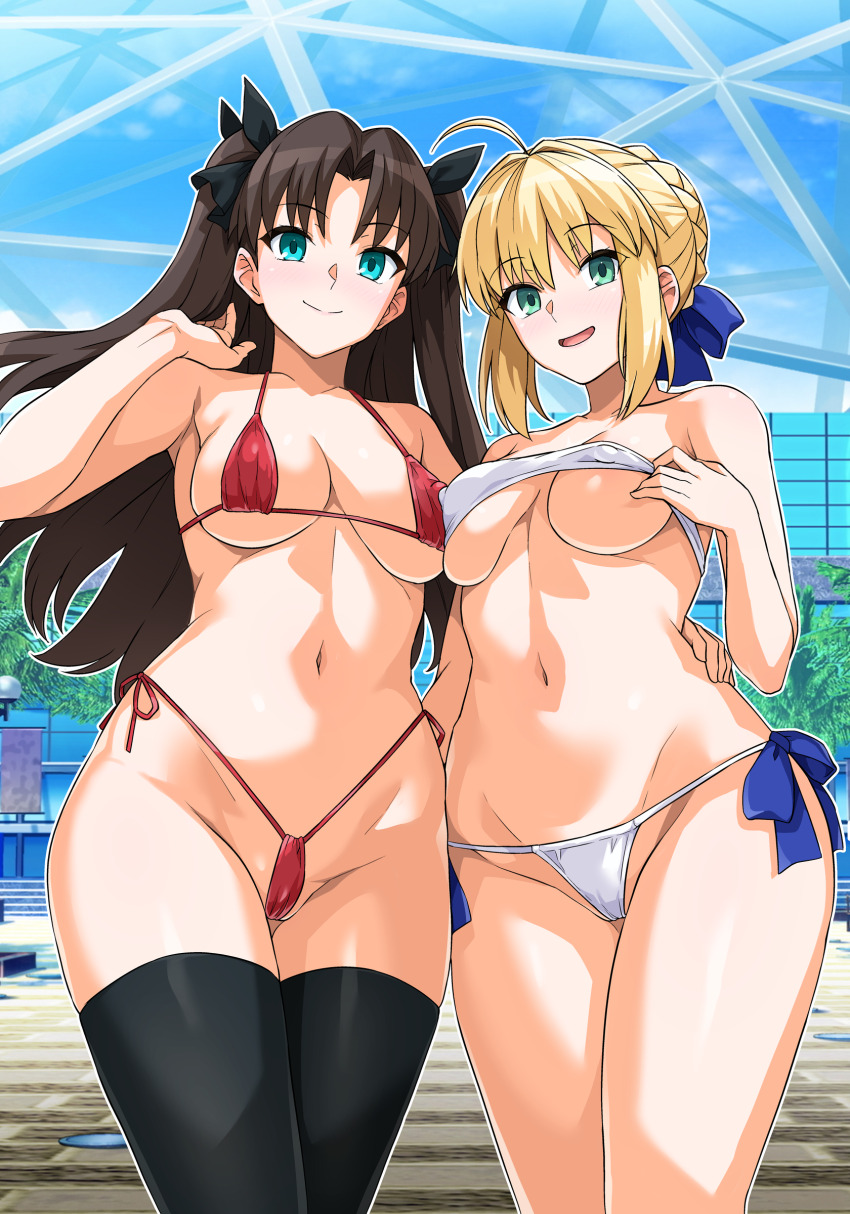 2girls :d absurdres artoria_pendragon_(fate) bikini black_bow black_hair black_thighhighs blonde_hair blue_eyes blue_ribbon blush bow braid breasts cleavage collarbone commentary_request crown_braid fate/stay_night fate_(series) green_eyes hair_bow hair_ribbon haruhisky highres long_hair looking_at_viewer medium_breasts multiple_girls navel open_mouth red_bikini ribbon saber_(fate) side-tie_bikini_bottom sidelocks smile standing stomach swimsuit thighhighs thighs tohsaka_rin two_side_up underboob very_long_hair white_bikini