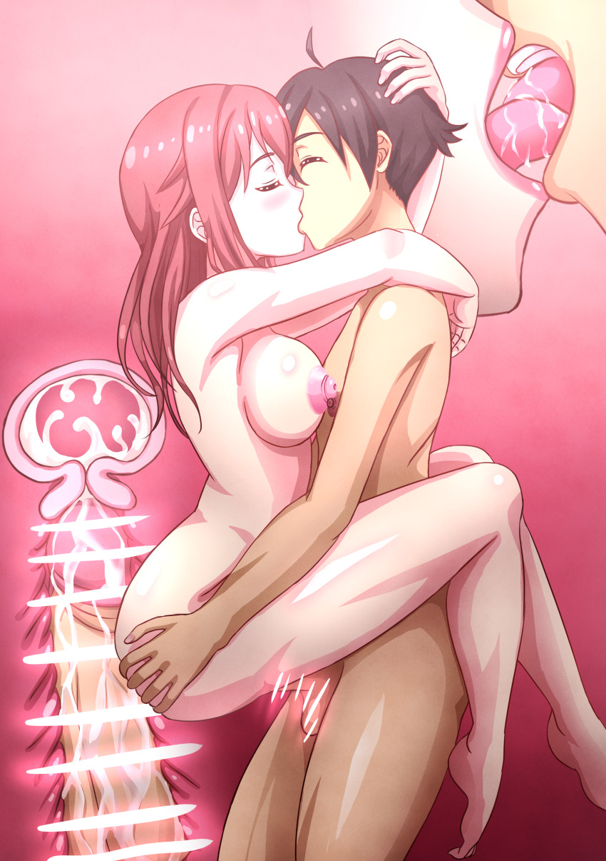 1boy 1girl absurdres blush breasts brown_hair closed_eyes cross-section cum cum_in_pussy ejaculation french_kiss hetero highres hug internal_cumshot itou_makoto_(school_days) kiss large_breasts long_hair masnak30 nipples nude sakura_trick saliva school_days sex takayama_haruka vaginal