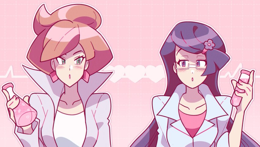 2girls :o professor_juniper beaker black_hair blue_eyes blush breasts brown_hair cardiogram close-up collarbone diamond_earrings earrings eyelashes fennel_(pokemon) glasses green_eyes hair_ornament hairclip heart highres holding holding_beaker jewelry lab_coat long_hair long_sleeves looking_at_another loveycloud medium_breasts multiple_girls nail_polish nintendo open_mouth outline pink_background pink_liquid pink_nails pink_shirt pokemon pokemon_bw shirt short_hair square_background upper_body white-framed_eyewear white_outline white_shirt