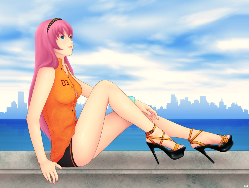 1girl blue_eyes bracelet city cloud day feet female_focus headband high_heel_sandals high_heels jewelry khalitzburg_(user_2274420) legs megurine_luka miniskirt nail_polish open_shoes pink_hair platform_footwear platform_heels sandals shirt shoes sitting skirt sky sleeveless sleeveless_shirt solo vocaloid