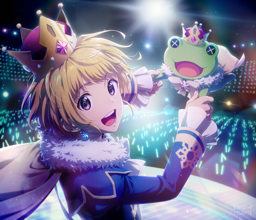 12abytz 1boy bird blonde_hair crow crowd crown earrings fingernails frilled_sleeves frills highres holding holding_stuffed_toy idolmaster idolmaster_side-m jewelry kaerre long_sleeves looking_at_viewer male_focus mini_crown open_mouth pierre_bichelberger purple_eyes smile stuffed_animal stuffed_frog stuffed_toy teeth