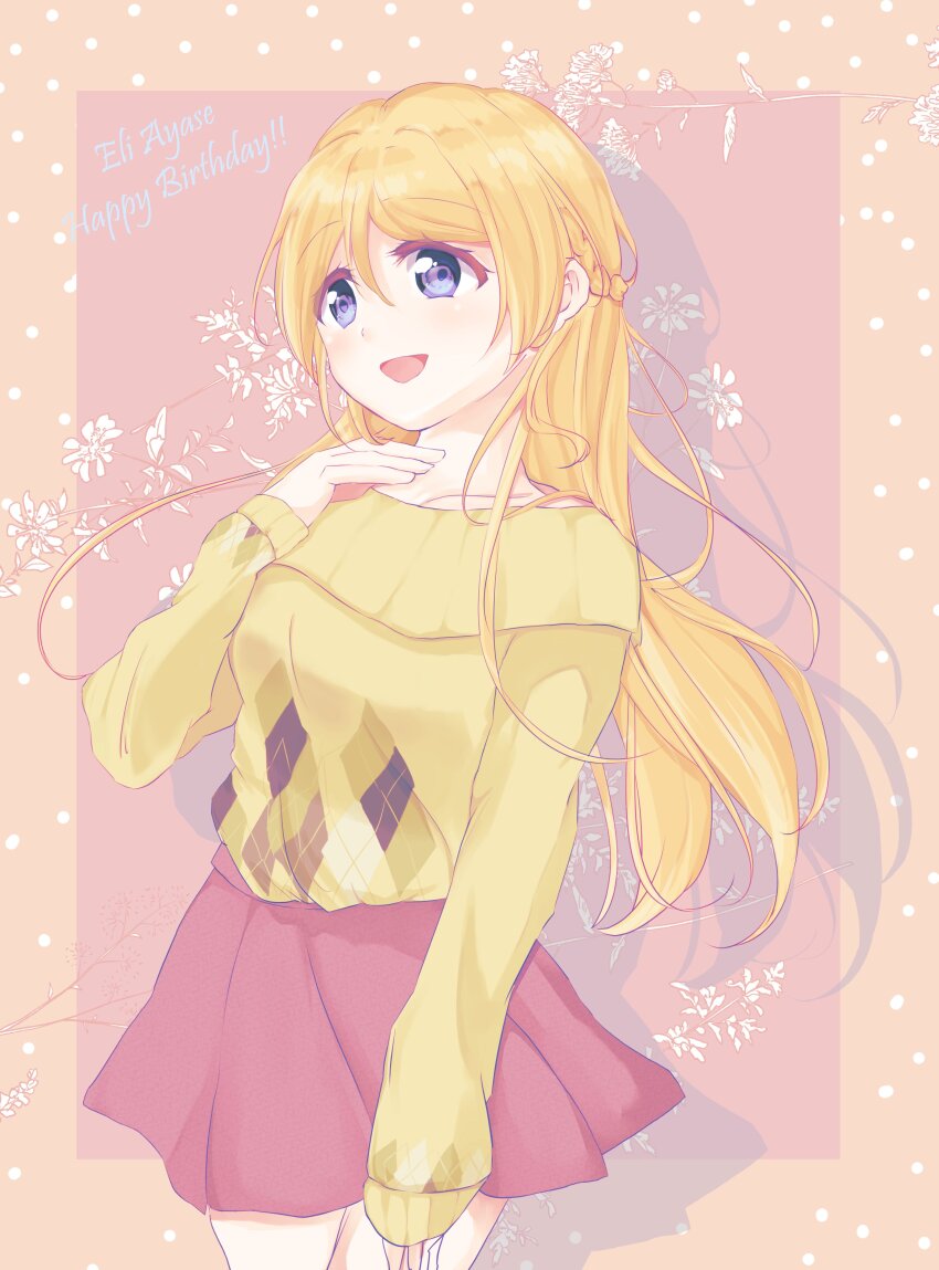 1girl :d absurdres arm_at_side ayase_eli blonde_hair blue_eyes border braid breasts character_name collarbone commentary_request cowboy_shot drop_shadow half_up_braid hand_up happy_birthday highres long_sleeves love_live! love_live!_school_idol_project medium_breasts miniskirt mohuhunohu open_mouth orange_border polka_dot polka_dot_border red_background red_skirt skirt smile solo sweater yellow_sweater