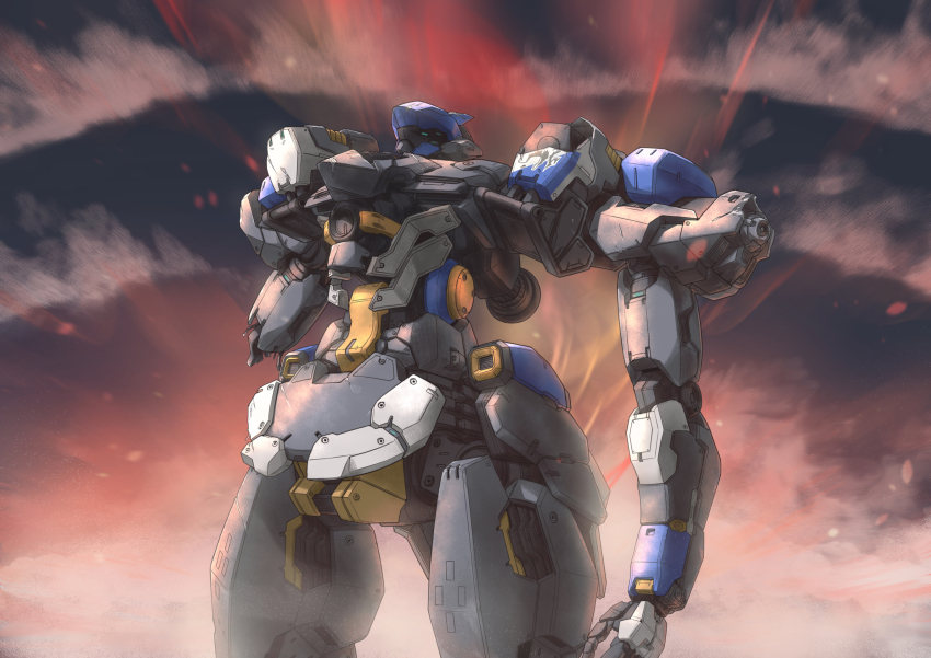 armored_core armored_core_vi:_fires_of_rubicon cloud damaged highres mecha mecha_focus missing_limb red_sky robot sky steel_haze_ortus v.iv_rusty
