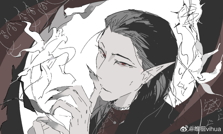 1boy asian baldur&#039;s_gate baldur&#039;s_gate_3 black_hair cazador_szarr colored_skin dungeons_&amp;_dragons dungeons_&amp;_dragons earrings fingernails flower grey_skin hair_slicked_back jewelry long_fingernails long_hair male_focus monolids narrowed_eyes pointy_ears portrait red_eyes solo vihua6