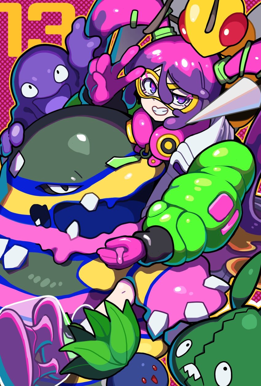 1girl alolan_form alolan_muk beedrill blonde_hair coat colored_eyelashes commentary_request furrowed_brow gen_1_pokemon gen_5_pokemon gen_7_pokemon gloves goggles green_sleeves grimer grin hair_between_eyes hand_up hatsune_miku highres long_hair long_sleeves looking_at_viewer multicolored_coat multicolored_eyes multicolored_hair nintendo oddish pink_background pink_eyes pink_gloves pink_hair platform_footwear poison_miku_(project_voltage) pokemon pokemon_(creature) project_voltage puffy_long_sleeves puffy_sleeves purple_eyes purple_hair raised_eyebrows riding riding_pokemon smile solo tanpopo_hayabusa-maru trubbish twintails two-tone_eyes uneven_eyes v very_long_hair vocaloid