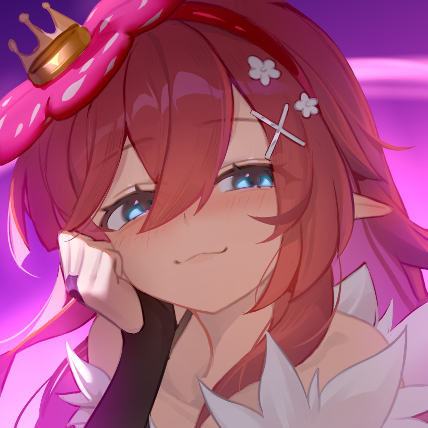 1girl blue_eyes blush closed_mouth duel_monster flower hair_flower hair_ornament hairband half-closed_eyes highres long_hair looking_at_viewer monster_girl pink_flower pink_hair plant_girl pointy_ears purple_background rafflesia_(flower) saw272 smile traptrix_rafflesia yu-gi-oh!