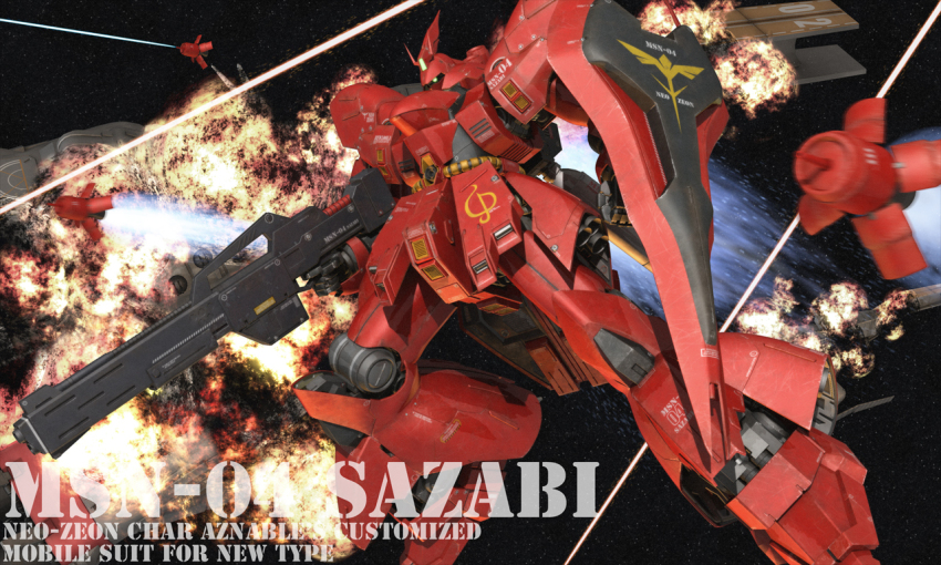 3d battle beam_rifle cable char&#039;s_counterattack character_name commentary_request emblem energy_gun english_text explosion funnels_(gundam) gundam machinery mecha mecha_focus mobile_suit neo_zeon no_humans one-eyed radio_antenna realistic robot roundel sazabi science_fiction shield space thrusters tomholy weapon zero_gravity