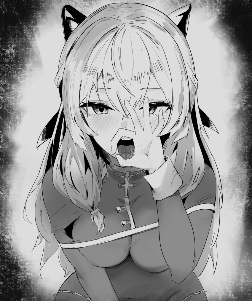 1girl absurdres brown_dust_(series) brown_dust_2 fellatio_gesture highres liberta_(brown_dust_2) liberta_(dark_saintess)_(brown_dust_2) long_hair looking_at_viewer monochrome nun open_mouth solo tongue tongue_out tongue_tattoo ye_yue
