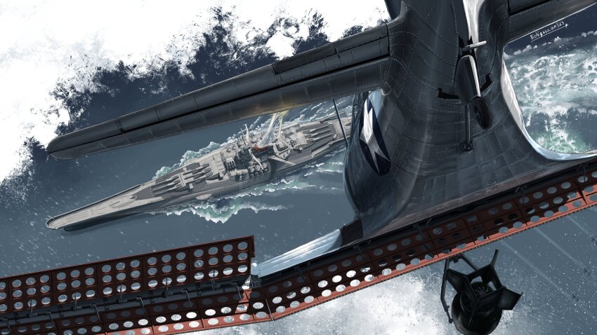 absurdres aircraft airplane artist_name battle_of_midway battleship bichiguso_un563 bomb bomber commentary dive_bomber explosive from_behind highres historical_event military_vehicle no_humans ocean propeller propeller_fighter sbd_dauntless ship signature torpedo_bomber united_states_navy wake_(wave) warship watercraft world_war_ii