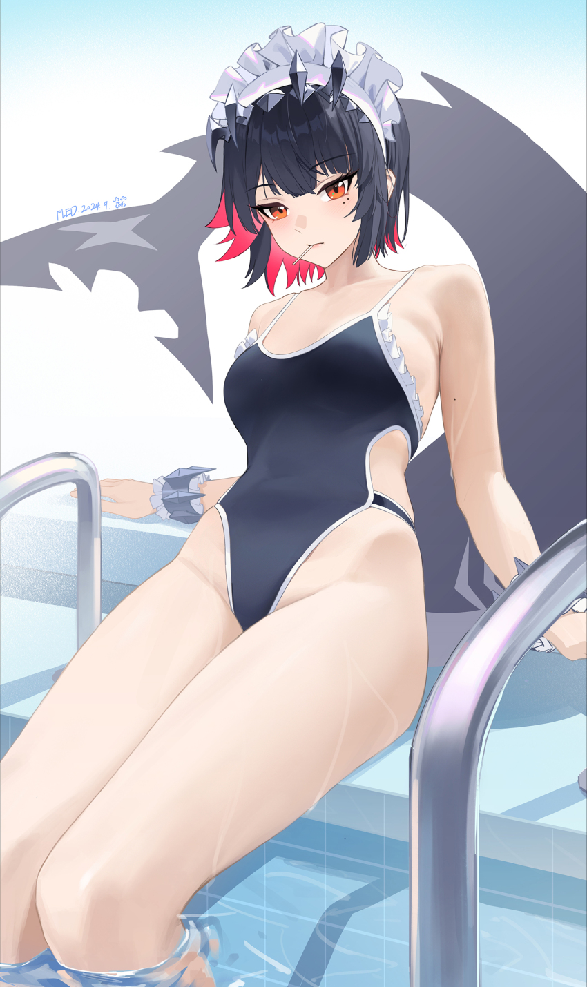 1girl absurdres black_hair breasts colored_inner_hair ellen_joe fins fish_tail fled frilled_wristband hair_ornament highres looking_at_viewer maid_headdress metal_hairband mole mole_on_arm mole_under_eye multicolored_hair red_eyes red_nails scar scar_on_tail shark_girl shark_tail short_hair simple_background solo spiked_headband swimsuit tail two-tone_hair zenless_zone_zero