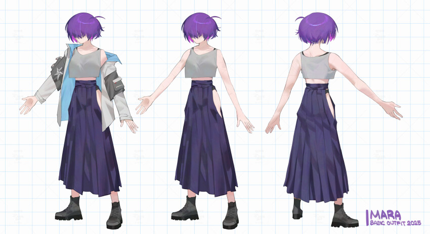 1girl ahoge bare_arms black_boots black_panties boots character_name coat crop_top crop_top_overhang english_text grid_background hair_over_eyes hat highres hip_vent mara_(raneblu) multiple_views original panties panty_peek purple_hat purple_skirt raneblu reference_sheet scar scar_on_arm short_hair skirt tank_top turnaround underwear white_coat