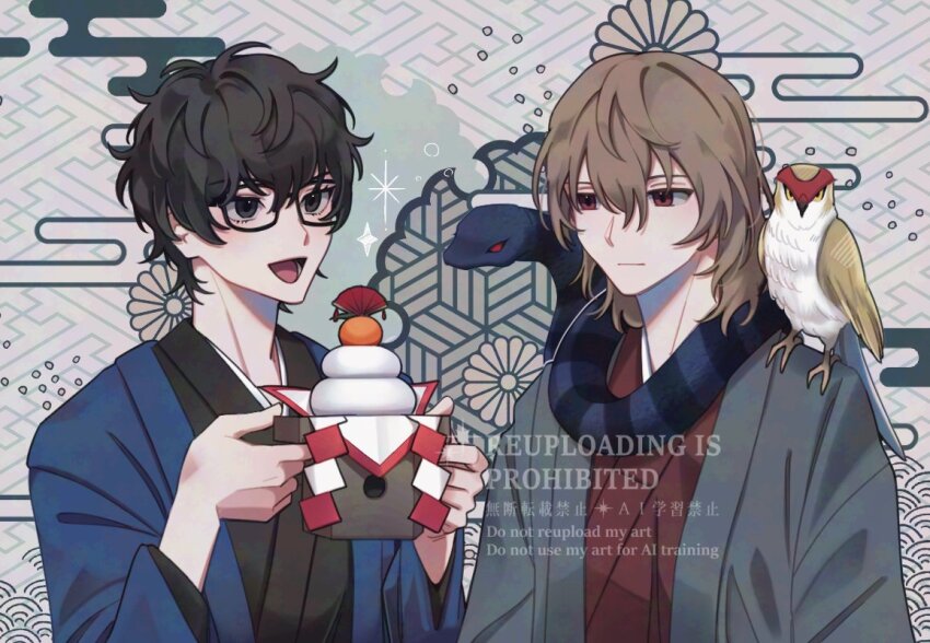 2boys :d :| akechi_gorou amamiya_ren animal animal_on_shoulder bird bird_on_shoulder black-framed_eyewear black_eyes black_hair black_kimono brown_hair chinese_zodiac closed_mouth commentary_request egasumi elulit2 food glasses hair_between_eyes haori holding japanese_clothes kagami_mochi kikumon kimono korean_commentary long_sleeves looking_at_another male_focus medium_hair messy_hair mochi multiple_boys open_mouth owl persona persona_5 rectangular_eyewear red_eyes red_kimono sanbou sayagata seigaiha short_hair simple_background smile snake sparkle upper_body watermark year_of_the_snake