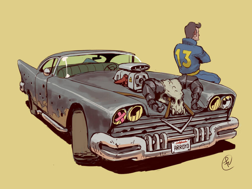 1boy back brown_hair bullet_hole car deathclaw fallout fallout_2 fernando_correa highres hood_ornament motor_vehicle signature skull skull_ornament solo the_chosen_one vault_suit yellow_background
