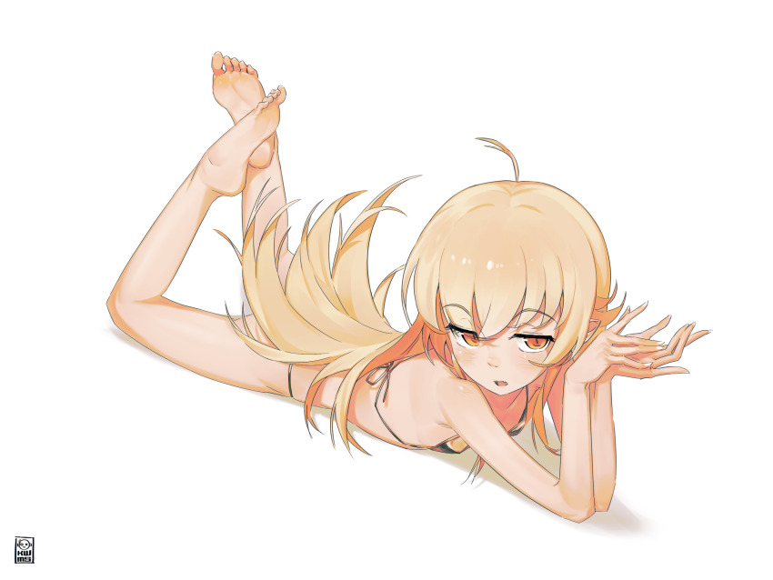 1girl ahoge barefoot bikini blonde_hair feet gold_bikini highres kwms loli long_hair lying micro_bikini monogatari_(series) on_stomach open_mouth oshino_shinobu shadow soles solo swimsuit the_pose toes yellow_eyes