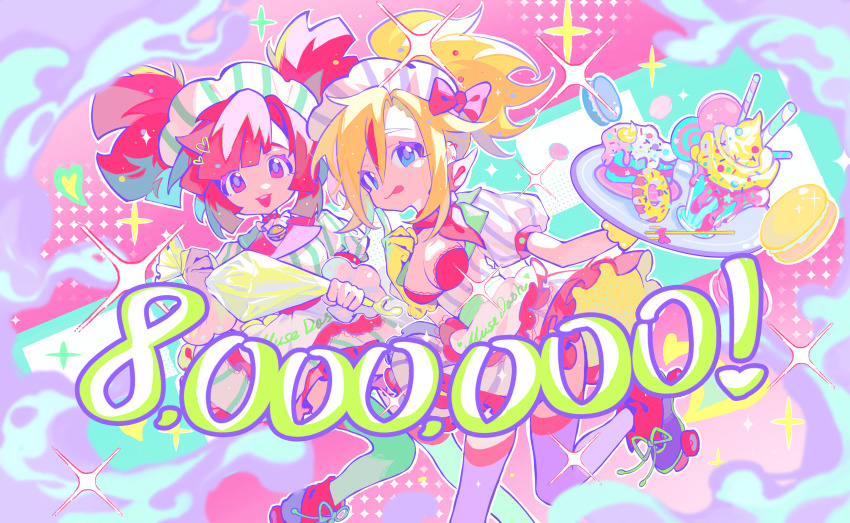 2girls :p absurdres alternate_costume apron argyle_background bell blonde_hair blue_bow blue_eyes blunt_bangs bow bra breasts buro_(muse_dash) cake cake_slice choker cleavage closed_mouth clothes_lift coattails collar copyright_name dress dress_lift drinking_straw ear_piercing enmaided eyelashes food foot_out_of_frame footwear_bow frilled_apron frilled_collar frilled_dress frills green_bow green_thighhighs hair_bow heart high_ponytail highres holding holding_food holding_tray lace lace-trimmed_bra lace_trim large_breasts looking_at_viewer macaron maid maid_headdress medium_hair milestone_celebration multicolored_hair multiple_girls muse_dash neck_bell official_art open_mouth parfait piercing pink_background pink_bow pink_bra pink_choker pink_eyes plate ponytail puffy_short_sleeves puffy_sleeves purple_footwear red_footwear red_hair rin_(muse_dash) roller_skates short_dress short_sleeves short_twintails skates smile smoke sparkle streaked_hair striped_clothes striped_dress striped_headwear teeth thighhighs tongue tongue_out tray twintails two-tone_footwear underwear upper_teeth_only vertical-striped_clothes vertical-striped_dress vertical-striped_headwear vertical-striped_sleeves waist_apron white_apron white_dress white_headdress white_thighhighs xiaoyunatie