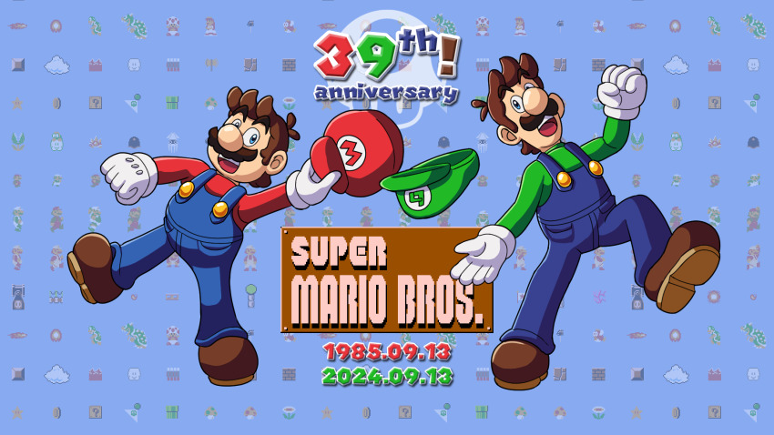 2boys ?_block anniversary bill_blaster blooper_(mario) blue_eyes bowser brothers brown_hair buzzy_beetle cheep_cheep facial_hair fire_flower fire_luigi fire_mario full_body gloves grin hammer_bro hat highres lava_bubble luigi mario mario_(series) multiple_boys mustache nintendo open_mouth overalls piranha_plant princess_peach siblings smile spiny super_mario_bros._1 super_mushroom super_star_(mario) toad_(mario) unworn_hat unworn_headwear warp_pipe