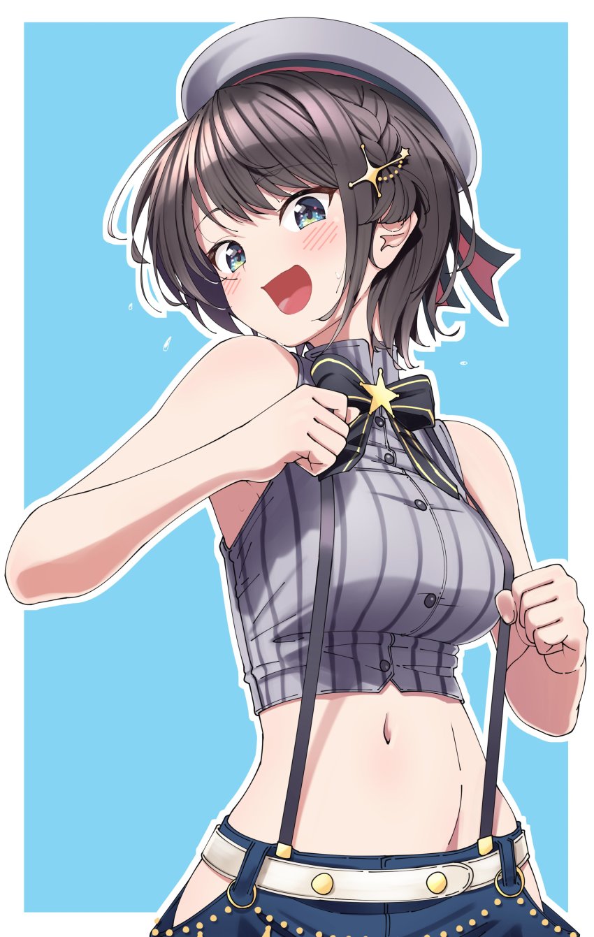 1girl absurdres aqua_eyes bare_shoulders black_bow black_bowtie black_hair blue_shorts blush bow bowtie braid cropped_shirt french_braid grey_hat grey_shirt hair_ornament hairclip hands_up hat head_tilt high_collar highres hip_vent hololive looking_at_viewer navel oozora_subaru oozora_subaru_(work) open_mouth sailor_hat shinomu_(cinomoon) shirt short_hair shorts sleeveless sleeveless_shirt smile solo striped_clothes striped_shirt suspender_shorts suspenders undefined vertical-striped_clothes vertical-striped_shirt virtual_youtuber