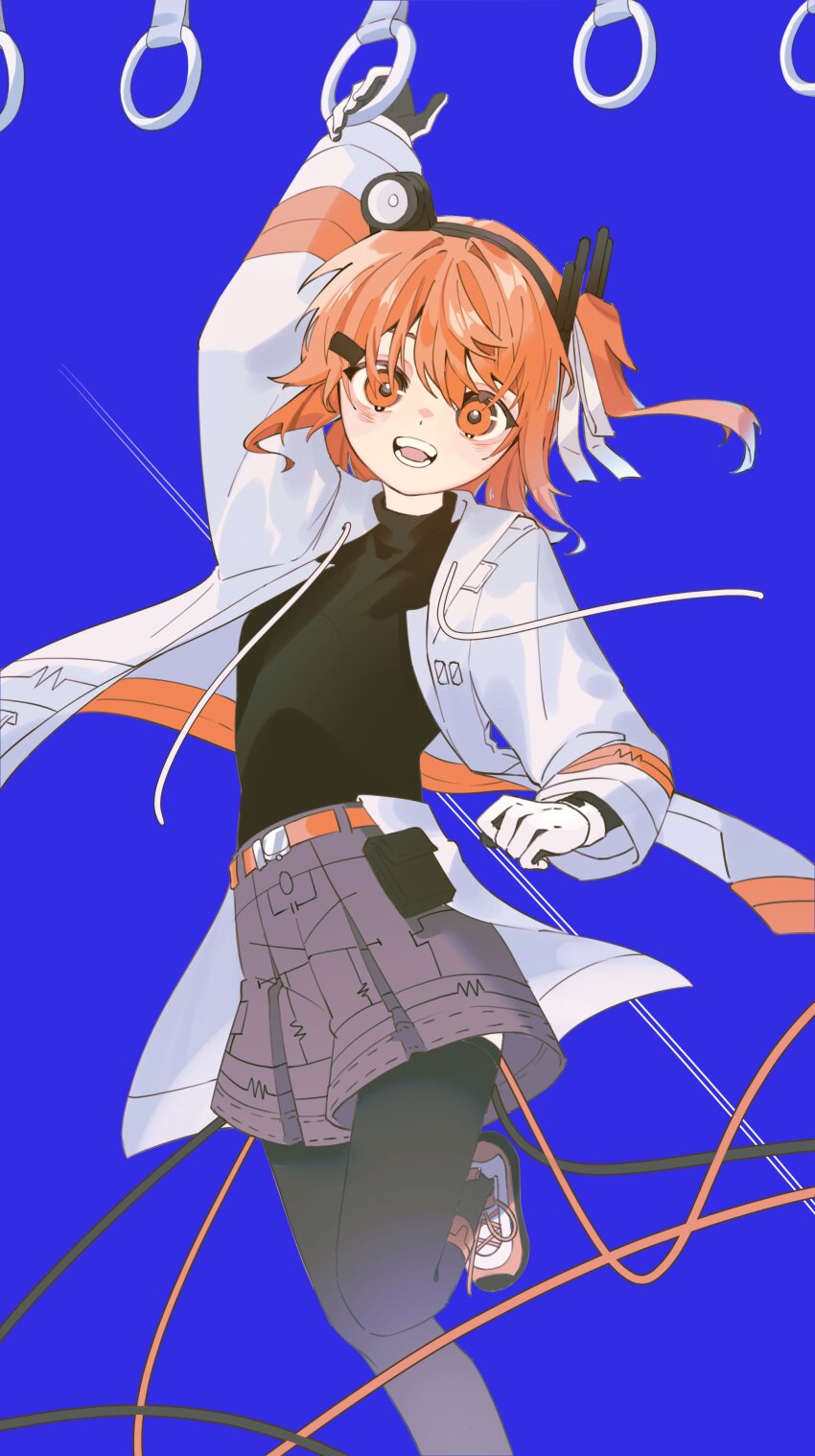 1girl a.i._voice absurdres adachi_rei arm_up belt black_shirt black_thighhighs blue_background drawstring foot_out_of_frame gloves grey_shorts hair_ribbon headlamp highres jacket long_sleeves looking_at_viewer medium_hair one_side_up open_clothes open_jacket open_mouth orange_belt orange_eyes orange_hair ribbon senri_(hrydy_o) shirt shorts solo standing thighhighs utau white_gloves white_jacket white_ribbon