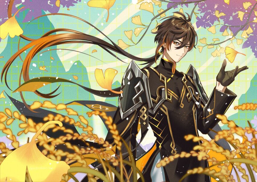 1boy antenna_hair armor artist_name black_gloves branch brown_eyes brown_hair changpao chinese_clothes closed_mouth commentary_request eyeliner falling_leaves floating_hair genshin_impact ginkgo_leaf gloves gold_trim gradient_hair hair_between_eyes hand_up highres leaf long_hair long_sleeves looking_at_viewer low_ponytail makeup male_focus mandarin_collar mountain multicolored_hair narahazime official_alternate_costume pauldrons plant ponytail red_eyeliner shoulder_armor sky smile solo tree twitter_username upper_body very_long_hair zhongli_(genshin_impact) zhongli_(lantern_rite)_(genshin_impact)