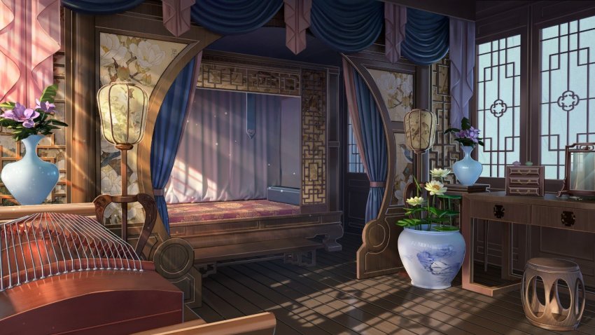 architecture bed chinese_commentary commentary_request curtains east_asian_architecture flower flower_pot guzheng instrument lamp lily_pad lotus mirror no_humans original pillow plant scenery shade shelf stool sunlight vase wooden_floor xingzhi_lv
