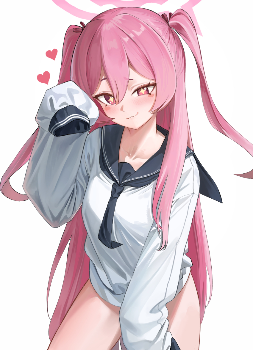 +_+ 1girl :3 alternate_costume alternate_hairstyle black_necktie black_sailor_collar blue_archive blush closed_mouth hair_between_eyes halo haoma highres koyuki_(blue_archive) long_hair looking_at_viewer necktie no_pants pink_eyes pink_hair pink_halo sailor_collar shirt sidelocks sleeves_past_fingers sleeves_past_wrists smile solo two_side_up white_shirt