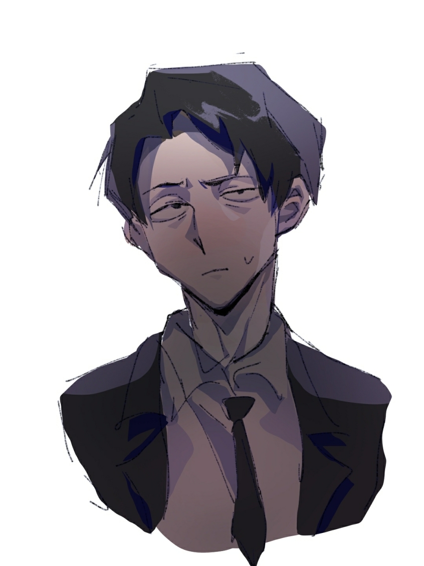 1boy beiquqian black_eyes black_hair black_jacket black_necktie chinese_commentary closed_mouth commentary_request cropped_shoulders highres jacket lapels library_of_ruina male_focus necktie notched_lapels open_clothes open_jacket project_moon roland_(project_moon) sanpaku shirt short_hair simple_background solo sweat white_background white_shirt
