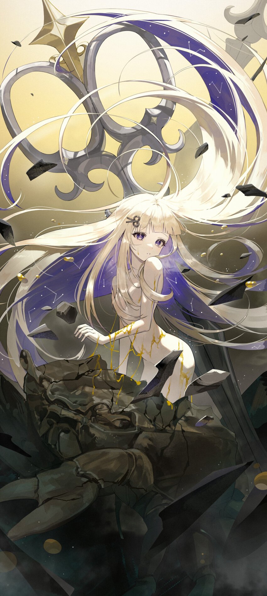 1girl absurdres amanogawa_shiina bare_shoulders blonde_hair blue_eyes breasts collarbone colored_inner_hair completely_nude convenient_censoring crab hair_censor hashtag-only_commentary highres k_hottok long_hair looking_at_viewer multicolored_hair navel nude phase_connect purple_hair scissors scissors_hair_ornament small_breasts solo starry_hair stomach underwater very_long_hair virtual_youtuber