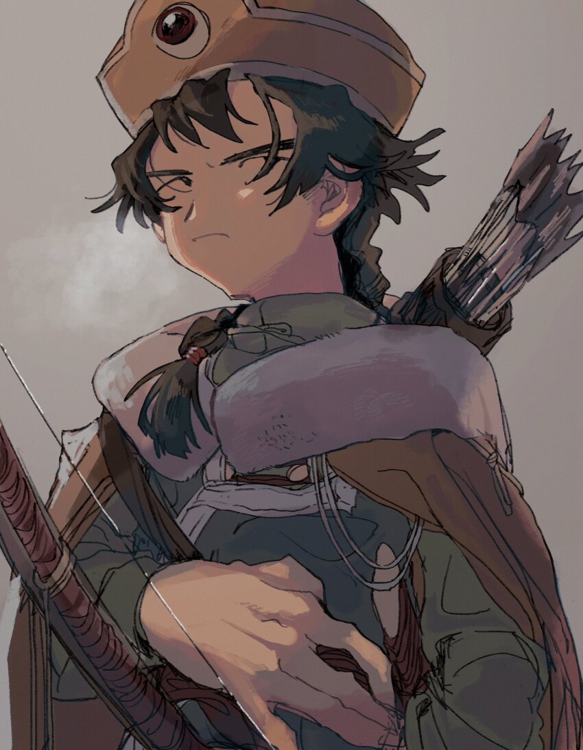 1boy arrow_(projectile) black_eyes black_hair bow_(weapon) braid cape clothing_request commentary_request cossa_(user_myuh2324) dragon_quest dragon_quest_ix floating_hair frown fur-trimmed_cape fur_trim grey_background hat highres long_sleeves looking_to_the_side male_focus namujin quiver single_braid solo upper_body weapon