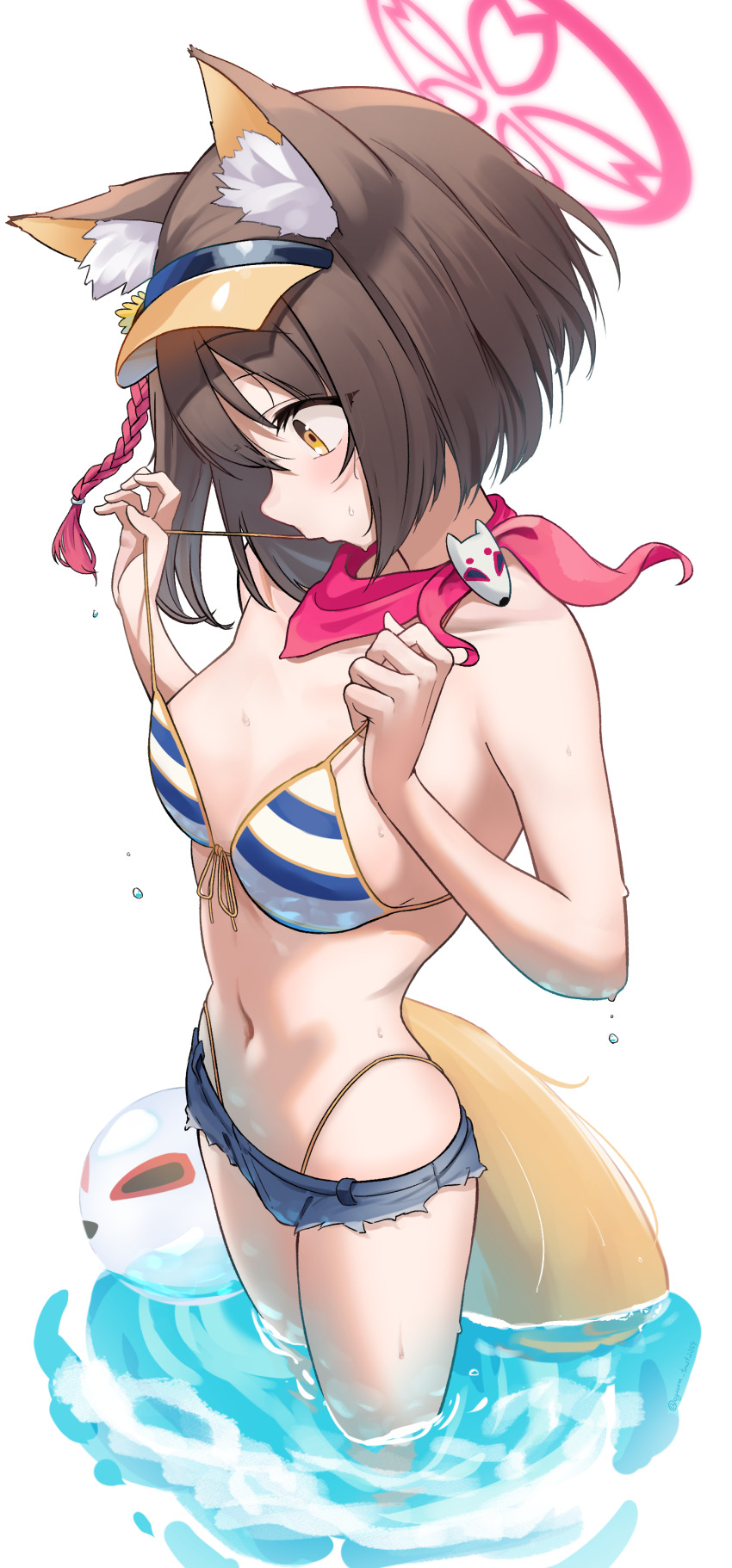 1girl absurdres animal_ears bikini blue_archive breasts brown_hair commentary fox_ears fox_girl fox_tail halo highres izuna_(blue_archive) izuna_(swimsuit)_(blue_archive) looking_down medium_breasts navel official_alternate_costume ogura_toast red_halo red_scarf scarf short_hair simple_background solo striped_bikini striped_clothes swimsuit tail thighs visor_cap wading wet white_background yellow_eyes