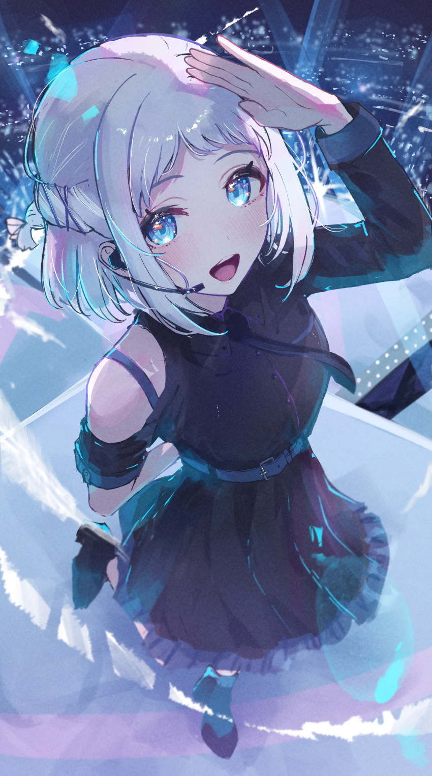 1girl absurdres arm_behind_back arm_up asymmetrical_sleeves belt black_dress black_shoes blue_eyes blush clothing_cutout commentary_request dress gakuen_idolmaster grey_hair highres idolmaster katsuragi_lilja looking_at_viewer portrait salute sanshoku_dango_(shukosuko) shoes short_hair shoulder_cutout single_bare_shoulder smile solo stage