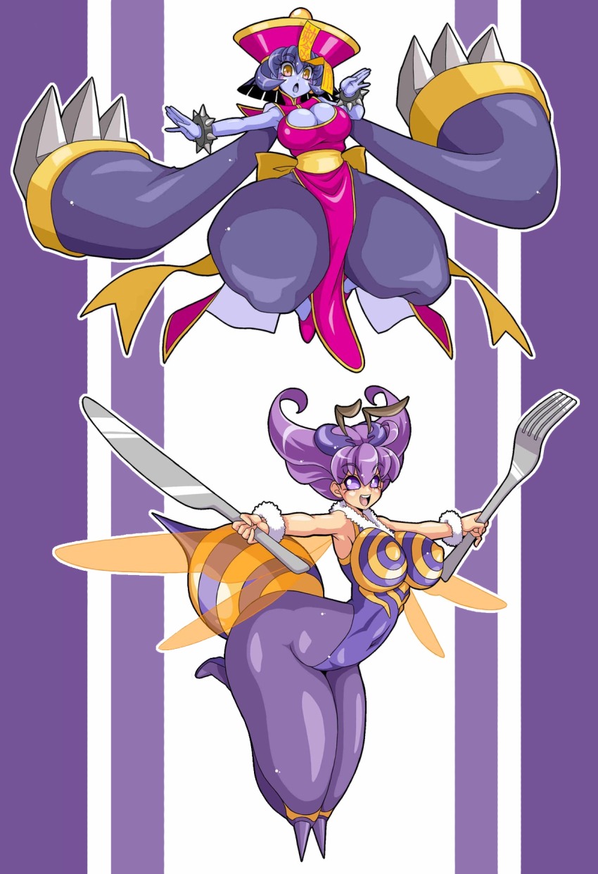 2girls antennae arthropod_girl bee_girl blue_hair blue_skin breasts capcom chinese_clothes cleavage colored_skin great_magami hat highres insect_girl large_breasts hsien-ko monster_girl multiple_girls pantyhose purple_eyes purple_hair q-bee short_hair thighs darkstalkers wings