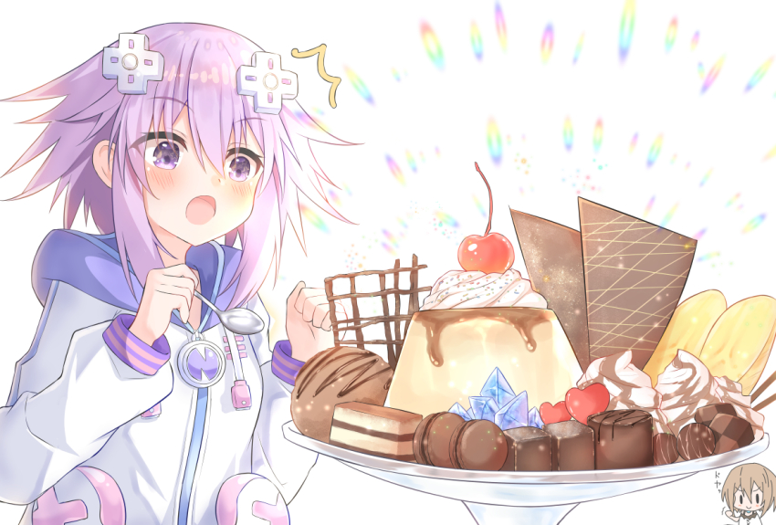 2girls blanc_(neptunia) blush breasts brown_hair cherry chibi choujigen_game_neptune clenched_hand d-pad d-pad_hair_ornament dress food fruit gift hair_between_eyes hair_ornament heart holding holding_spoon hood hooded_jacket ice_cream jacket medium_hair multiple_girls neptune_(neptunia) neptune_(series) pudding purple_eyes purple_hair ray_726 smile solo_focus sparkling_eyes spoon surprised upper_body usb valentine whipped_cream white_dress white_jacket yuri