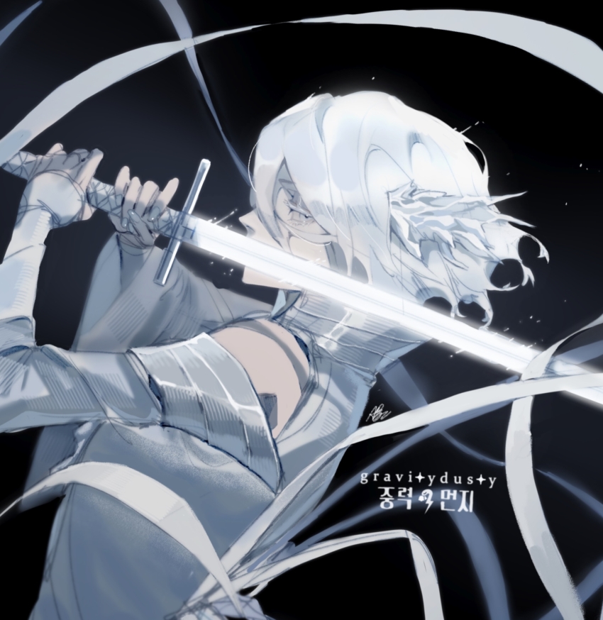 1girl artist_name bare_shoulders black_background bleach bleach:_sennen_kessen-hen detached_sleeves glowing glowing_sword glowing_weapon gravitydusty hair_ornament highres holding holding_sword holding_weapon japanese_clothes katana kimono looking_at_viewer profile short_hair sideways_glance sode_no_shirayuki solo sword upper_body weapon white_eyes white_hair wide_sleeves