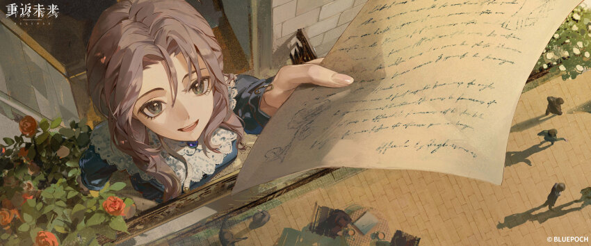 1girl :d absurdres arm_up balcony blue_dress brick_floor copyright_name copyright_notice dress flower from_above from_outside full_body grey_eyes grey_hair hand_up highres holding holding_paper letter logo long_hair looking_at_viewer looking_up official_art open_mouth outstretched_arm paper people red_flower reverse:1999 sentinel_(reverse:1999) smile solo teeth upper_teeth_only