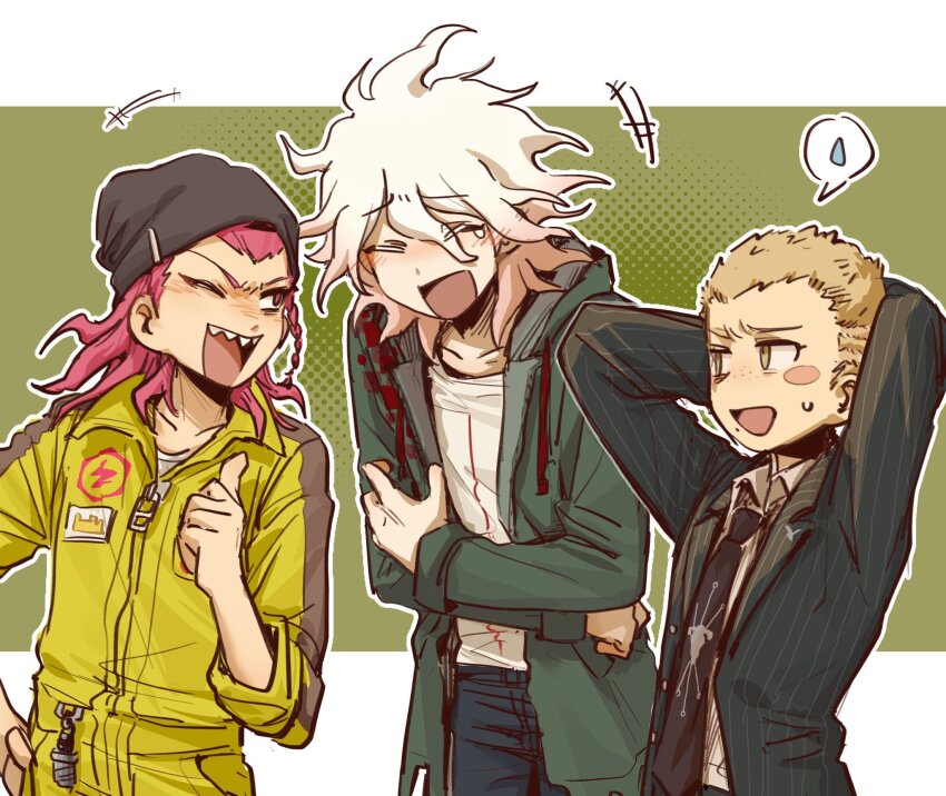 +++ arms_behind_back beanie black_hat black_jacket black_necktie braid closed_eyes coat collared_shirt commentary_request danganronpa_(series) danganronpa_2:_goodbye_despair freckles hat highres hood hood_down jacket jumpsuit komaeda_nagito kuzuryu_fuyuhiko laughing male_focus mole mole_under_mouth multiple_boys necktie niniliuliu one_eye_closed open_clothes open_coat open_jacket open_mouth pants red_hair sharp_teeth shirt side_braid simple_background soda_kazuichi spoken_sweatdrop sweat sweatdrop teeth thumbs_up white_shirt yellow_jumpsuit
