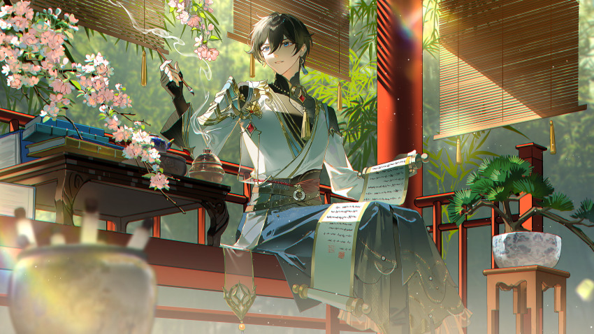 1boy absurdres architecture arm_armor black_hair blue_eyes blurry chinese_clothes chinese_commentary clothing_request earrings east_asian_architecture ensemble_stars! flower guaisanmu hair_between_eyes hidaka_hokuto highres holding holding_paintbrush holding_scroll jacket jewelry male_focus paintbrush parted_lips plant potted_plant scroll short_hair sitting smile