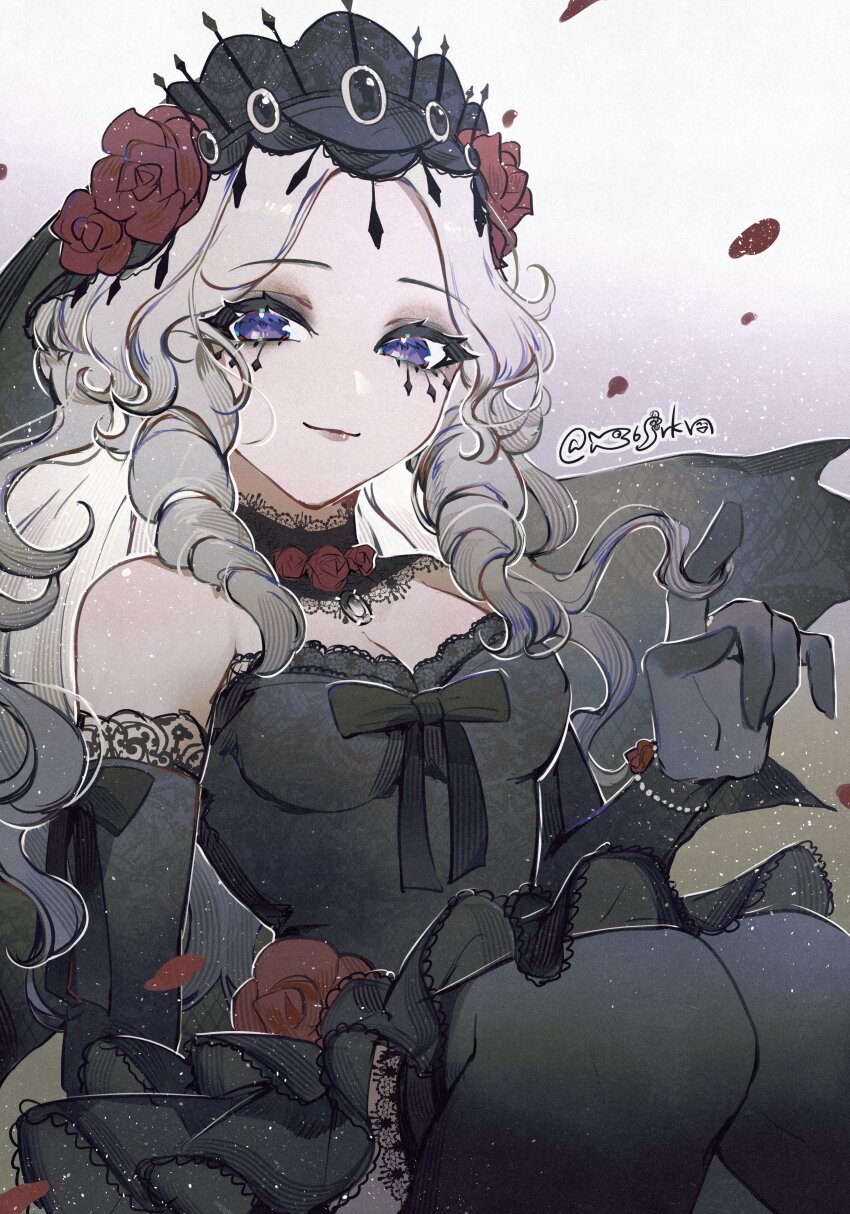 1girl absurdres ada_mesmer ada_mesmer_(everlasting_night) black_bow black_collar black_dress black_eyeshadow black_gloves black_thighhighs bow breasts cleavage collar crown dress dress_flower elbow_gloves eyeshadow facial_mark falling_petals feet_out_of_frame flower glove_bow gloves gradient_background grey_hair hair_flower hair_ornament twirling_hair hanaon highres identity_v knees_together_feet_apart lace lace-trimmed_gloves lace-trimmed_legwear lace_trim layered_dress light_particles lips long_hair looking_at_viewer makeup medium_breasts official_alternate_costume parted_bangs petals purple_eyes red_flower red_rose ringlets rose smile strapless strapless_dress thighhighs veil wavy_hair white_background