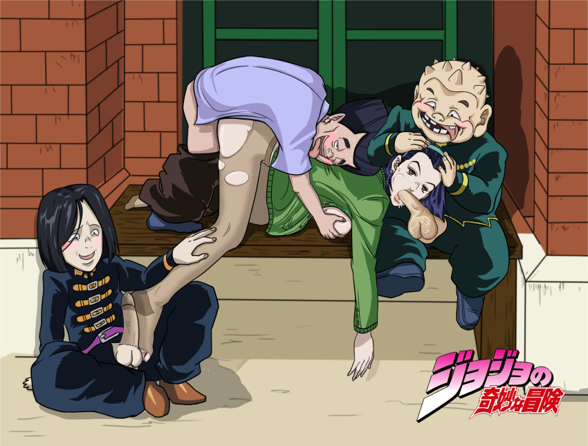 1girl age_difference all_fours breasts clothed_sex clothes_pull copyright_name earrings fellatio from_side grabbing_another&#039;s_breast groping group_sex hands_on_another&#039;s_head hazamada_toshikazu hetero higashikata_tomoko highres jewelry jfbz jojo_no_kimyou_na_bouken kobayashi_tamami large_breasts legs open_mouth oral pants pants_pull pantyhose penis purple_hair rape red_eyes sex short_hair shota sitting smile thighs torn_clothes torn_pantyhose uncensored vaginal yangu_shigekiyo
