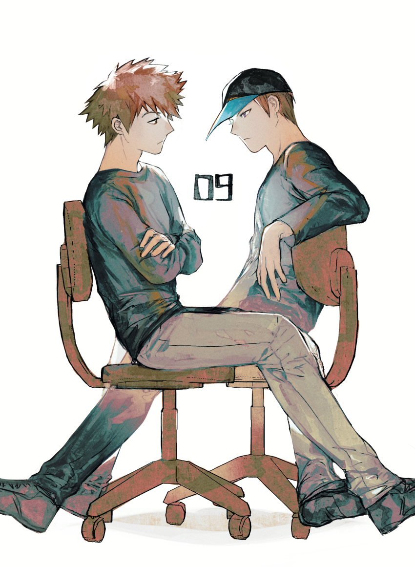 2boys absurdres arafune_tetsuji arm_rest baseball_cap black_headwear black_shirt brown_hair chair closed_mouth crossed_arms feet_out_of_frame from_side frown grey_footwear grey_pants group_name hat highres long_sleeves looking_at_another male_focus mizukami_satoshi_(world_trigger) mnmnwtsn multiple_boys office_chair outstretched_arm pants profile shirt shoes short_hair simple_background sitting swivel_chair t-shirt white_background world_trigger