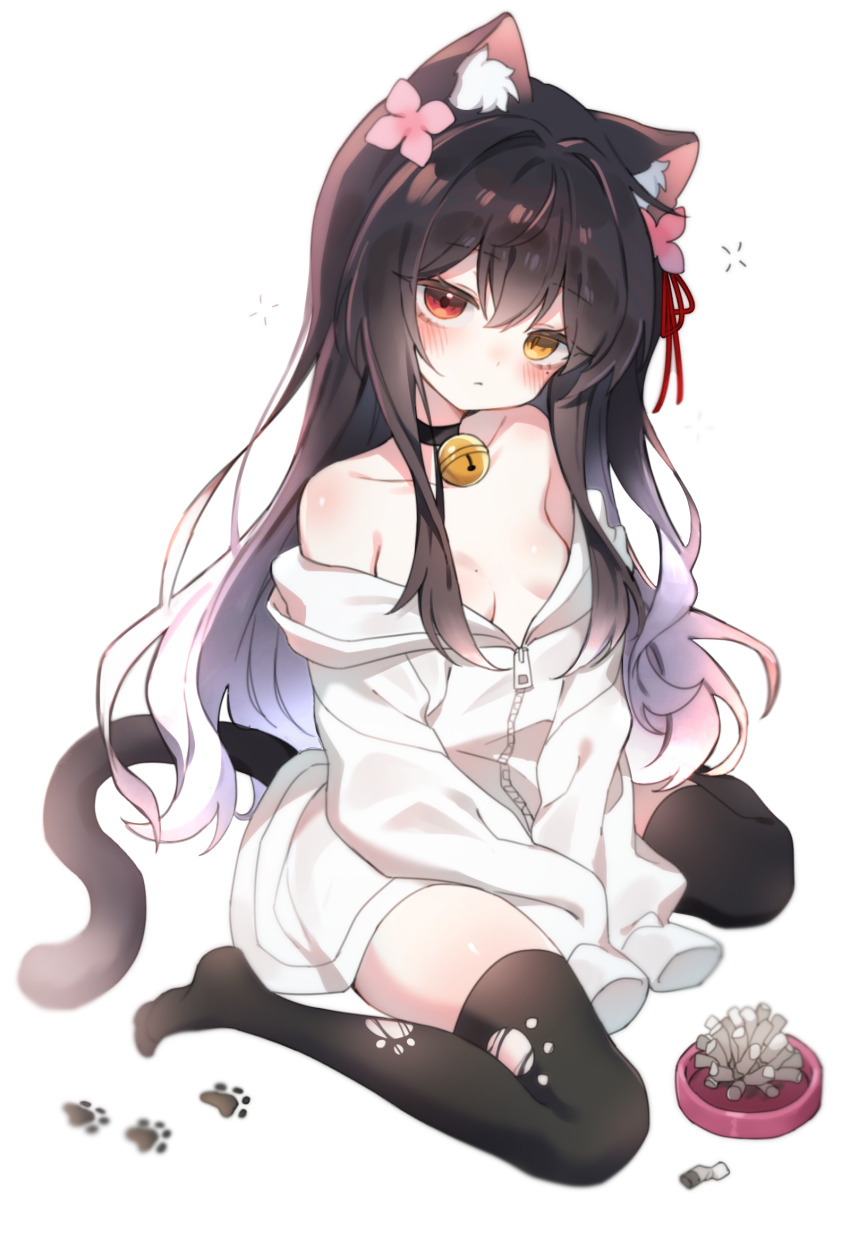 1girl animal_ears artist_request bare_shoulders black_hair black_thighhighs breasts cat_ears cat_girl cat_tail cigarette_butt cigarette_holder commission expressionless full_body gradient_hair heterochromia highres hood hood_down hoodie long_hair long_sleeves looking_at_viewer multicolored_hair naked_hoodie no_pants off_shoulder original oversized_clothes red_eyes simple_background sitting sleepy sleeves_past_fingers sleeves_past_wrists small_breasts tail thighhighs torn_clothes torn_thighhighs wariza white_background white_hair white_hoodie yellow_eyes