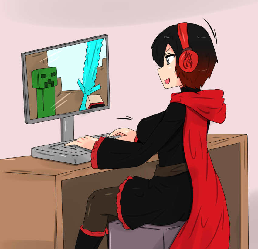 computer creeper gameplay headset highres minecraft pc_engine ruby_rose rwby sword tikoriko weapon
