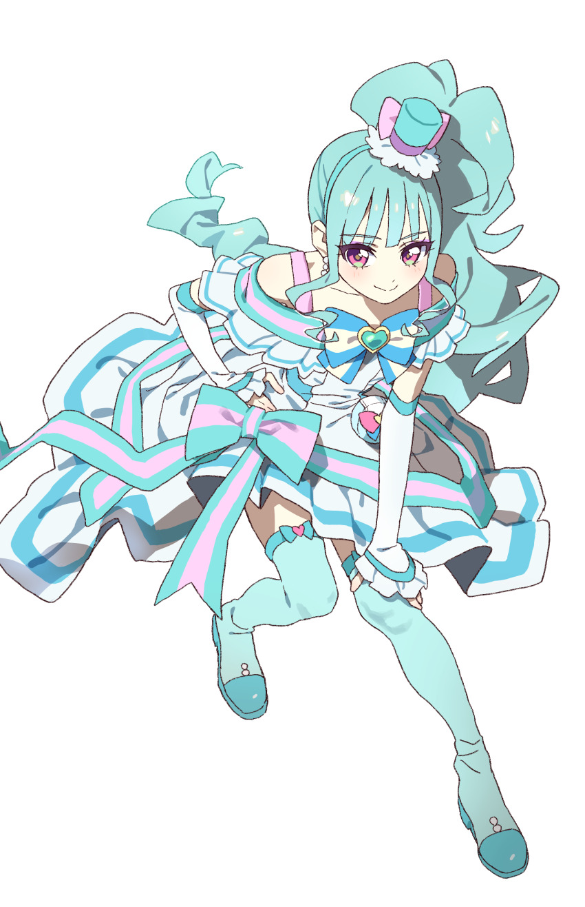 1girl absurdres aqua_dress aqua_hair aqua_shoes aqua_thighhighs arm_warmers bow bowtie brooch cure_lillian dress eyeshadow full_body hair_bow hairband hand_on_own_hip hand_on_own_knee hat heart heart_brooch high-low_dress highres hiji_rida jewelry long_hair looking_at_viewer magical_girl makeup mini_hat nekoyashiki_mayu pink_eyes pleated_dress precure shoes side_ponytail simple_background sleeveless sleeveless_dress smile solo thighhighs wavy_hair white_background wonderful_precure!