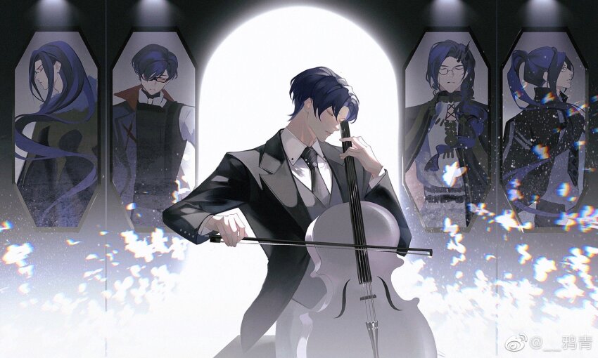 1boy black_jacket black_necktie blue_hair bow_(music) cello chinese_commentary clarence_clayden clarence_clayden_(deimortem_era) clarence_clayden_(eden) clarence_clayden_(godheim) clarence_clayden_(spirit_world) closed_eyes collared_shirt cowboy_shot cuff_links curtained_hair door elbow_gloves gloves grey_vest hair_between_eyes highres holding holding_bow_(music) holding_instrument instrument jacket lapels long_hair long_sleeves lovebrush_chronicles male_focus mole mole_under_eye multiple_persona music necktie notched_lapels parted_bangs parted_lips playing_instrument portrait_(object) shirt short_hair spotlight suit_jacket vest watermark weibo_watermark white_shirt yaqing