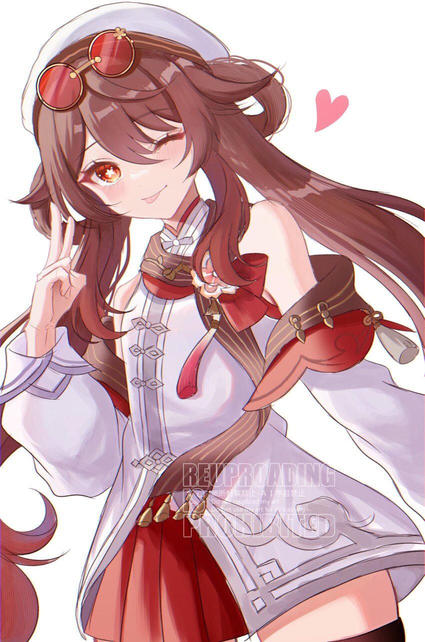 1girl ;p absurdres bare_shoulders beret black_thighhighs brown_hair cosplay cowboy_shot detached_sleeves english_text engrish_text eyewear_on_head flower-shaped_pupils genshin_impact hair_between_eyes hair_rings hat heart highres hu_tao_(cherries_snow-laden)_(genshin_impact) hu_tao_(genshin_impact) long_hair long_sleeves looking_at_viewer nk7ss one_eye_closed pleated_skirt ranguage red_eyes red_skirt shirt sidelocks simple_background skirt sleeveless sleeveless_shirt smile solo sunglasses symbol-shaped_pupils thighhighs tinted_eyewear tongue tongue_out twintails v watermark white_background white_shirt zettai_ryouiki