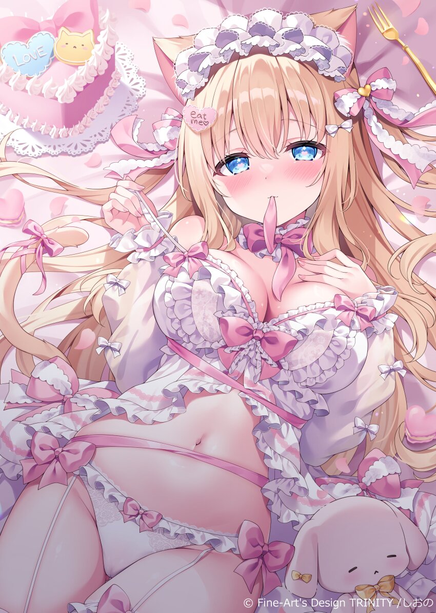 1girl absurdres animal_ears babydoll bare_shoulders blonde_hair blue_eyes breasts cameltoe cat_ears cat_girl cat_tail choker cleavage frilled_babydoll frilled_choker frilled_panties frills garter_straps hands_up heart heart-shaped_pupils highres large_breasts long_hair long_sleeves looking_at_viewer lying mouth_hold navel on_back original panties shiono_(0303) solo stomach symbol-shaped_pupils tail thighs two_side_up underwear very_long_hair white_babydoll white_panties
